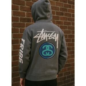 Stussy No.4 Tribe Mens Hoodie made in USA size small heather gray streetwear Y2K
